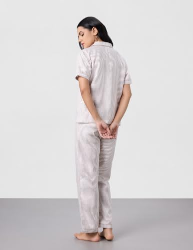 Image of Symbol Premium Women's Cotton Night Suit Set | Short Sleeve Shirt & Pajama Set | Stripes with Contrast Piping | Regular Fit (Available in Plus Sizes)