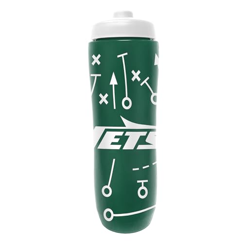 Image of Party Animal NFL Football Squeeze Bottle, 32 oz, New York Jets | Slim, lightweight BPA-free sports water bottle with quick-flow squeeze; fits backpacks & cup holders for kids or adults