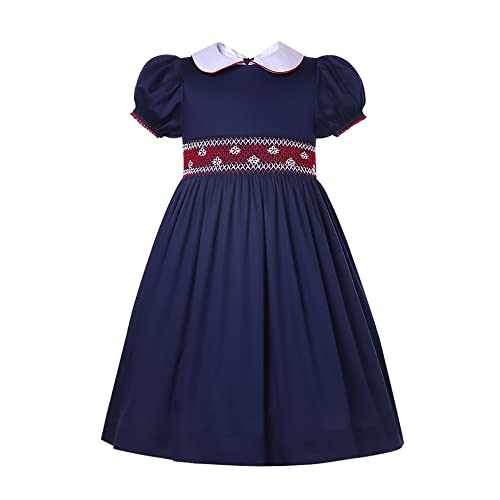 Girls Toddler Navy Embroidery Bubble Sleeve Summer Casual Smocked Dress Clothing Size 2 3 4 5 6 8 10 12