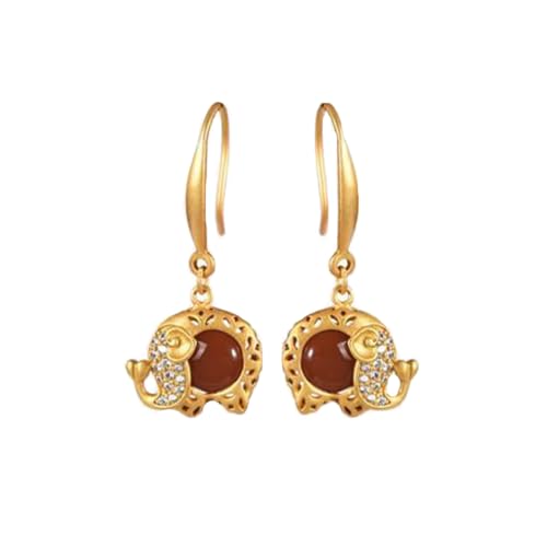 Pendientes de yoga con elefante de la suerte y jade rojo natural en plata fina S925