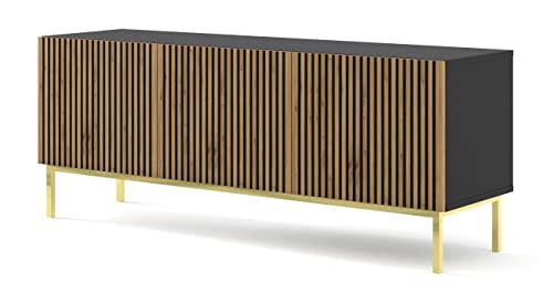 BIM Furniture Ravenna A - Mueble para televisión (150 cm, 3D, con parte frontal fresada, tablero de fibra de densidad media, alta fidelidad), diseño escandinavo, color negro mate y roble ártisano Cover