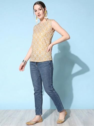 Image of Sleeveless Kurti for Women Pure Cotton Stylish Round Neck Printed Ethnic Short Kurti Jeans Top Casual Office