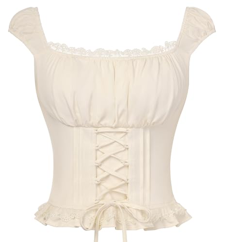 Scarlet Darkness Corset Tops for Women Renaissance Square Neck Lace Up Cap Sleeve Summer Peasant Tank Vest Apricot