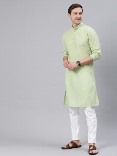 Image of Majestic Man Men's Cotton Blend Regular Fit Casual Polyester Mandarin Collar Ethnic Motifs Embroidered Long Regular Kurta