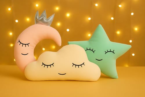 Image of SARO Cute Cloud Moon Star Pillow with Crown, Kids Cushion, Soft Toy, Soft Plush Pillow, cot, Nursery decor, Baby (Pack of 3, 16x16 inch, Velvet) | (Set 3 Moon Cloud Star Multi)