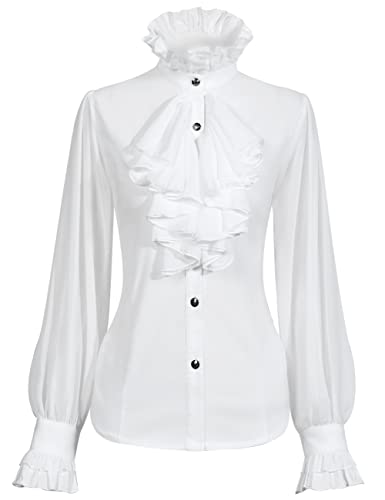 Womens Victorian Vintage Long Sleeve Shirt Ruffle Stand Collar Blouse Gothic Medieval Tops