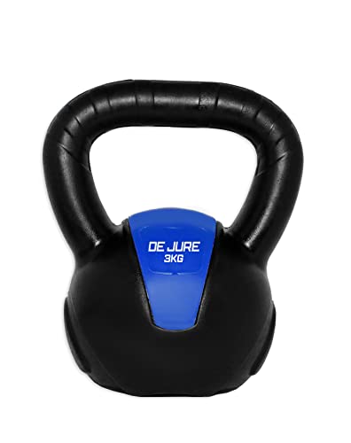 Image of De Jure Fitness PVC Kettlebell 3kg for Men & Women Strength & Cardio Training, Soft Grip, Crushed Concrete Filled, Full Body Workout Equipment for Home & Gym Blue - Black