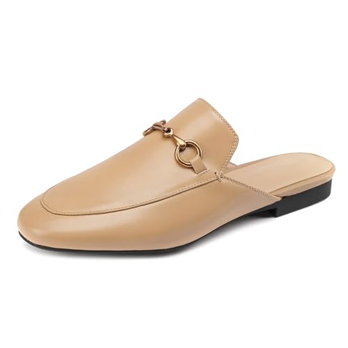 Image of Arqa Mules for Women Almond Toe Leather Flats Slip-on Comfort Backless Loafers Buckle Mule Shoes