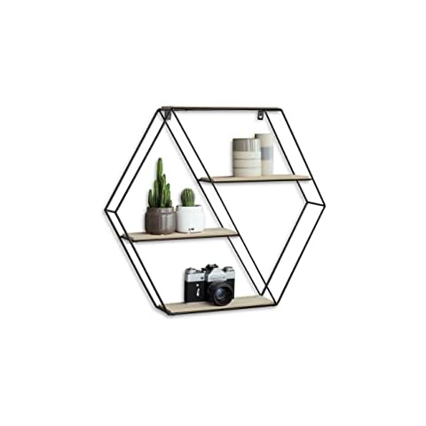 LIFA LIVING Wall Shelf 4 Tiers, Hexagonal Wall Shelf in MDF Wood and Black Metal, Decorative Shelf, Floating Shelf for Kitchen, Bedroom, Bathroom, 51x11x58 cm Cover