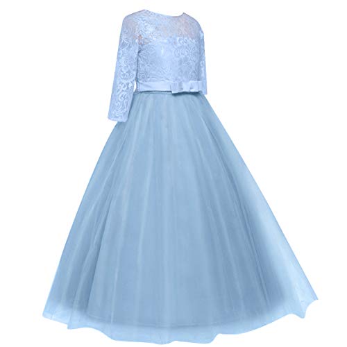 Image of Girls Flower Vintage Floral Lace 3 /4 Sleeves Floor Length Dress Wedding Party Evening Formal Pegeant Dance Gown