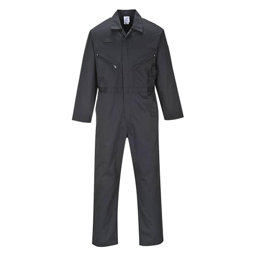 Image of Portwest C813 Liverpool Zipper Coverall with Front Snap Closure and 2 Way Zipper, Black, X Larger | Black, X Large, Regular Fit, 65% Polyester, 35% Cotton, Durable Polycotton Pre-Shrunk Fabric, Painter Decorator, Construction