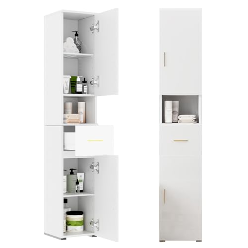 ALBAD Tall Narrow Storage Cabinets Free-Standing Bathroom Linen Tower with Drawer & 2 Door Multi-Purpose Skinny Floor Cabinet with Adjustable Shelves for Bathroom Kitchen Laundry White 