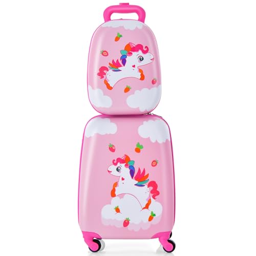COSTWAY 2tlg Kinderkoffer + Rucksack Kindertrolley aus Kunststoff Kindergepäck Kinder Kofferset Handgepäck Reisegepäck Hartschalenkoffer für Jungen & Mädchen  Unicorn 12 +16