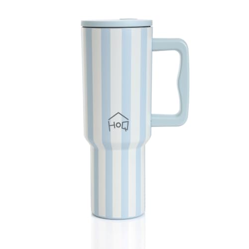 Image of House of Quirk 1200ML Stainless Steel Tumbler with Handle & Lid, 2 Straws - Large Travel Mug Water Cup for Gym, Office & Outdoor Use (Coastal Stripe)