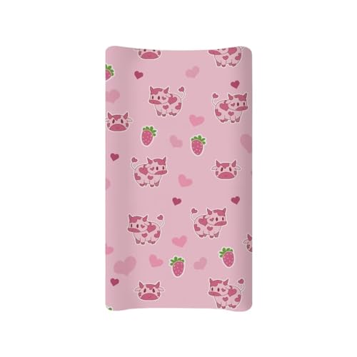 Gongbawa Cow Strawberry Baby Changing Pad Cover Infant Newborn Pink Changing Table Cover Diaper Table Change Mat Sheet Cover for Girls