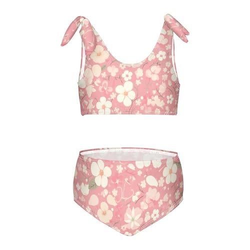 KLL Pink Pattern and Flowers Girls' 2 Piece Bikini Sets Scoop Neck Swimming Bathing Suit Swimsuit