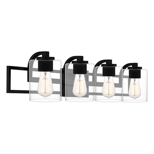 Image of Quoizel Lansdowne Modern Bath Vanity Lights, 32 Inch 4-Light Matte Black Lighting Fixtures Over Mirror, Clear Glass Shade, 100W, Decorative Wall Light for Bathroom, Dresser, Kitchen or Hallway