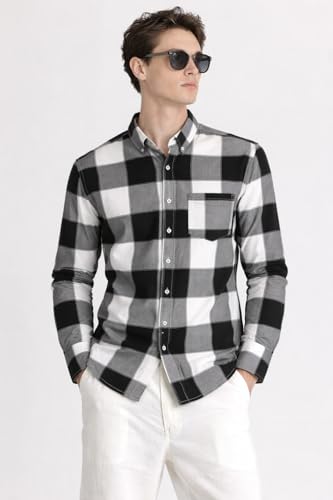 Image of FALCONWEAR Men's Cotton Checkered Casual Shirt Black and White Buffalo Plaid Button Down Full Sleeve Regular Fit Stylish for Boys and Men