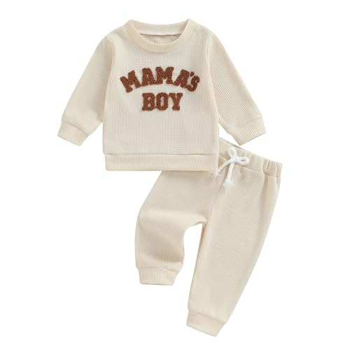 Kupretty Toddler Baby Boy Fall Winter Clothes Embroidery Waffle Knit Sweatshirt Pullover Tops + Casual Pants Outfit Set