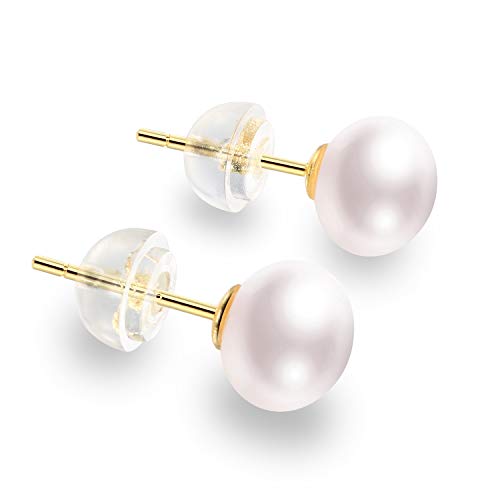 Pendientes de Perla Fina Cultivada Blanca - Plata de Ley 925 con Baño de Oro 18K - Perlas Naturales Tipo Botón (4mm)