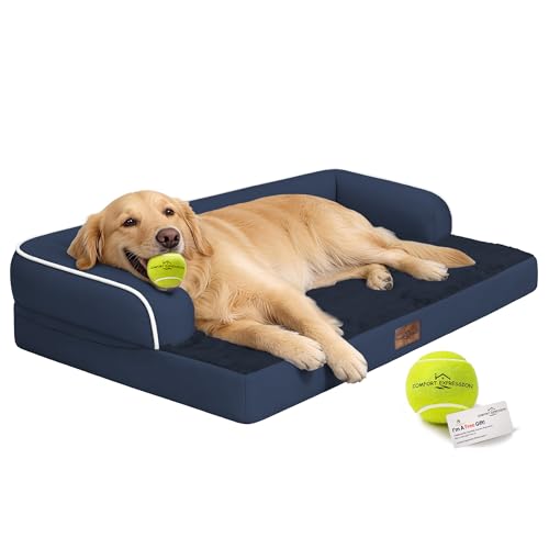 Image of Comfort Expression Washable Orthopedic Dog Bed for Extra Large Sized Dogs | Waterproof Memory Foam Pet Bed 42x30 Inch with Removable Cover with Non-Slip & Bolster, Navy Blue