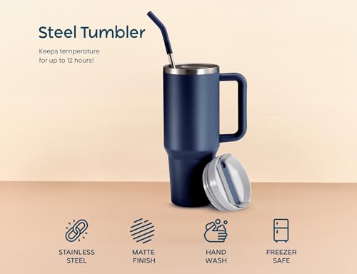 Image of KooK Tumbler with Straw and Handle, 40 Oz, Stainless Steel, Vacuum Insulated Travel Coffee Mug, Reusable Double Walled Water Bottle, Keeps Hot or Cold (Storm Blue)