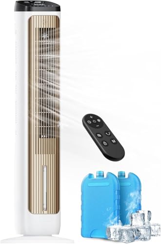 PNTCK Tower Fans with Ice Packs, 12H Timer, 4 Modes, 3 Speeds, 20FT Remote, 80° Oscillating, 40” Portable Evaporative Air Cooler with Remote Control, Platinum Swamp Cooler for Bedroom, Living room