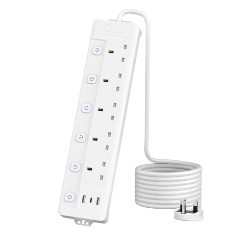 4M Extension Lead 5 Way with 3 USB Slots (2 USB-A,1 USB-C), Individually Switched, White 4 Metre Extension Lead, For Home Dorm Office