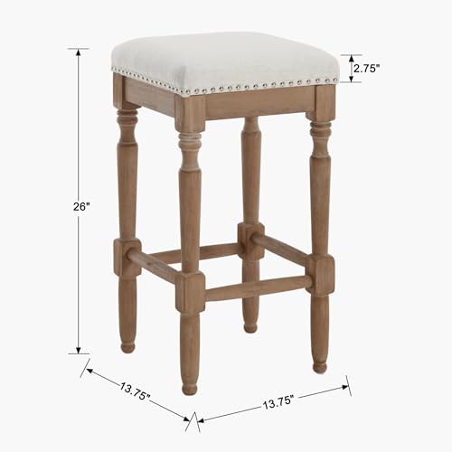 Butacos Altura Barra Set de 2 Butacos sin Espaldar de Madera con Detalle de Tachuelas, Altura 26", para Isla de Cocina/Patio/Balcón, Asiento en Tela Beige y Patas en Color Natural miniatura 2