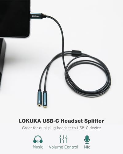 LOKUKA Adapter rozdzielacza mikrofonu słuchawkowego USB C na 2 TRS 3,5 mm, wbudowany chip DAC Hi-Res do zestawu słuchawkowego z podwójną wtyczką PC do laptopa typu C, tabletu, telefonu komórkowego, PS5 i innych urządzeń (12 cali)