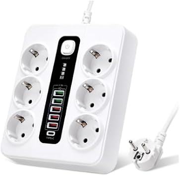 oklu priz, 6l  USB, 12si 1 arada  oklu priz, 5 USB-A ve 1 USB-C,  alterli, 2 m uzatma kablosu, 3000 W, ofis, ev i in  oklu priz beyaz