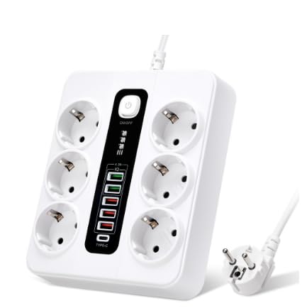 Çoklu priz, 6'lı USB, 12'si 1 arada çoklu priz, 5 USB-A ve 1 USB-C, şalterli, 2 m uzatma kablosu, 3000 W, ofis, ev için çoklu priz (beyaz)