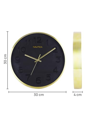 Image of Nautica Premium Metal Modern Wall Clock with Quartz Silent Sweep Technology -1pc Size (Real) | 12 inch | Ideal for Home, Living Room, Bedroom & Office - 3D dial-Black /Gold