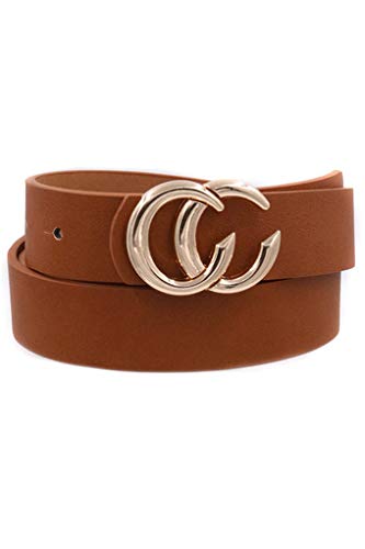 Women's PU Leather Belt Double C Ring Soft Faux Leather Waist Belt (Brown)-image-29