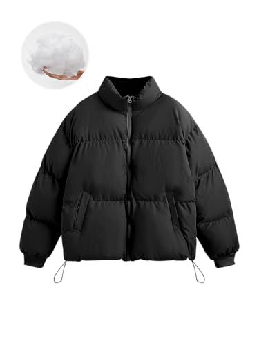 CIDER Womens Quilted Puffer Jacket Cropped Baggy Zip Up Casual Jackets Oversized Outerwear Warm Coat Trendy Winter: Black, L