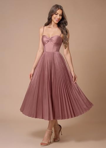Satin Bridesmaid Dresses Spaghetti Straps Tea Length Pleated Formal Dresses for Women4