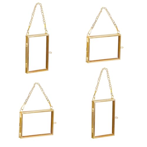 Alpertie 4PCS Glass Frame for Pressed Flowers, 2x3 Inch Mini Brass Hanging Photo Frame Double Glass Frame with Chain DIY Vintage Home Decor (Horizontal & Vertical)