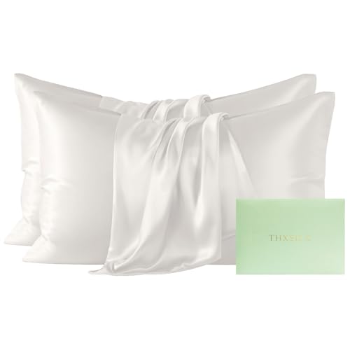 Image of THXSILK Mulberry Silk Pillowcase King Size, Set of 2 Pillowcases, Pillow Cover with Hidden Zipper, Soft Smooth Cooling Pillowcases for Hair and Skin, Gift for Women Men, White
