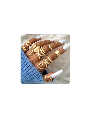 Sanfenly 12 PCS Chunky Gold Rings for Women Non Tarnish 18K Gold Plated Adjustable Statement Ring Knuckle Thumb Stackable Open Rings Set Fashion Jewelry Gifts