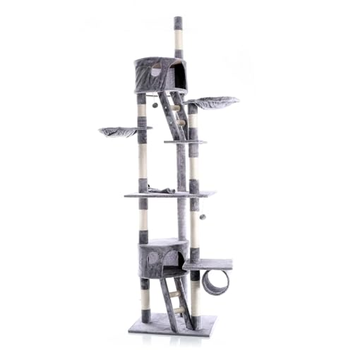 Wiltec Kratzbaum 240-260 cm grau, Katzenkratzbaum deckenhoch mit Sisal, Kletterbaum für Katzen, Deckenspanner Katzenbaum mit Hängematten