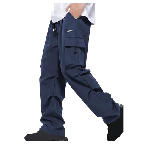 Pockets Cargo Pants for Men Solid Color Drawstring Long Workwear Pants Elastic Waistband Trousers Multi Pocket