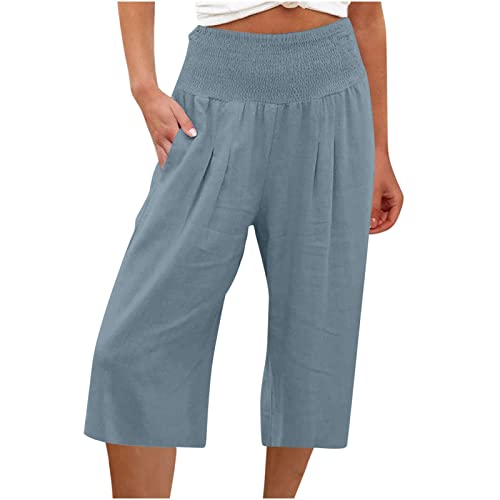 Generic Capri Pants for Women High Waisted Wide Leg Linen Capris Summer Loose Elastic Trousers with Pockets