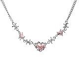 crayfomo Collar de perlas de amor dulce y nervioso, cadena de espina torcida de tono plateado con colgantes de corazón rosa, joyería estética para ella