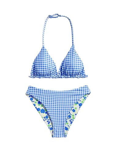 Image of RoseSeek Girl's 2 Piece Swimsuits Floral Gingham Halter Triangle Wireless Bikini Bathing Suit