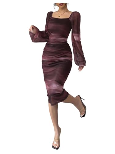 GORGLITTER Women's Tie Dye Bodycon Mesh Dress Lantern Sleeve Square Neck Ruched Party Midi Dresses