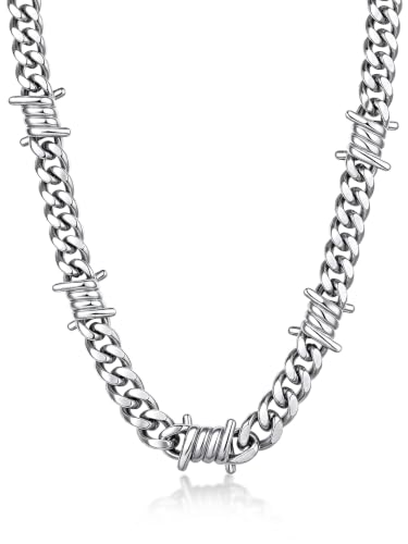 Bandmax Barbed Wire Chain Choker Necklace 16Inch 9MM Stainless Steel Barb Wire Link Chains Punk Emo Gothic Alt Grunge Street Style Thorn Chain Jewelry for Men Women