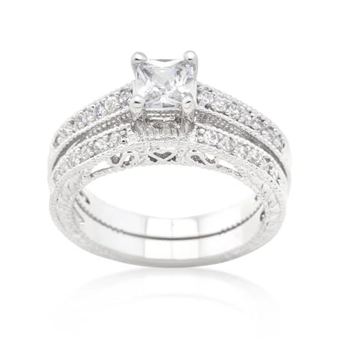 Vintage Filigree Princess Square Cut Cubic Zirconia CZ Engagement Ring and Wedding Band2