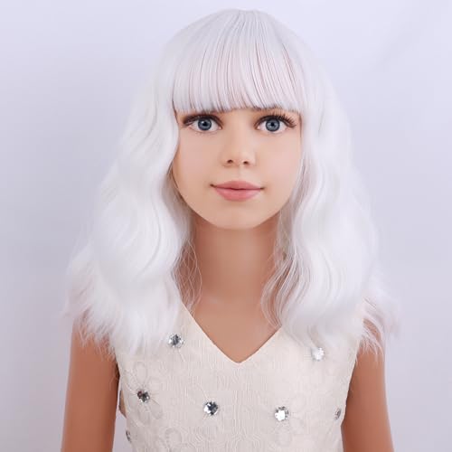 Image of PATTNIUM Kids White Wig Short Curly Wavy White Girls Wig with Bangs Bob Synthetic Hair Wigs