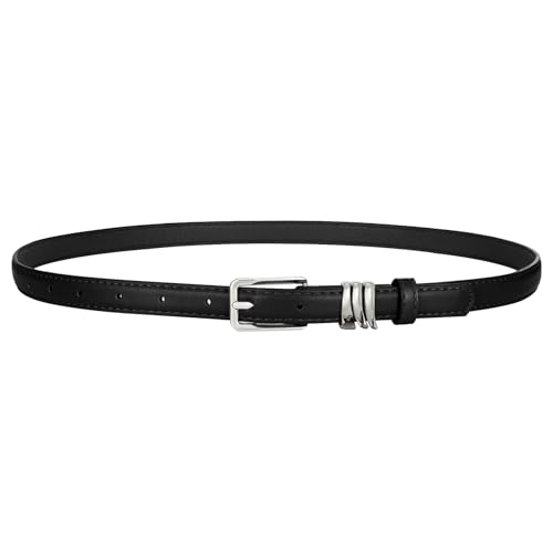 XZQTIVE Women Skinny Leather Belt Ladies Black Thin Waist Belt for Dresses Jeans Pants with Silver Buckle and Metal Loops