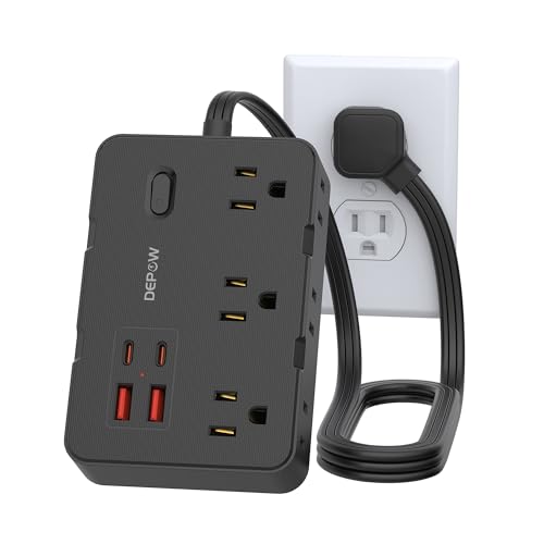 DEPOW Surge Protector Power Strip 3 FT Extension Cord with 6 AC Outlets 4 USB Ports 1050J Surge Protection Wall Mountable Charging Station for Office Home Black